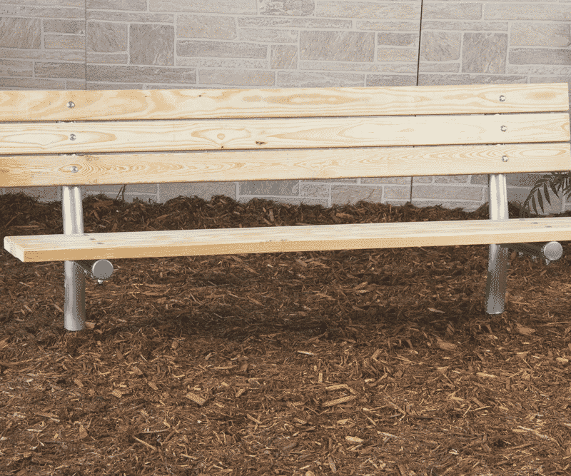 Wooden bench in a park setting.