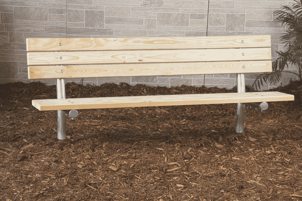 Wooden bench in a park setting.