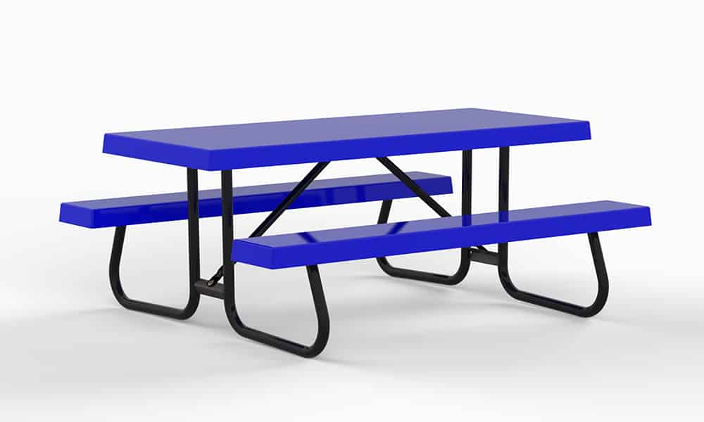 Blue picnic table and benches on a white background.