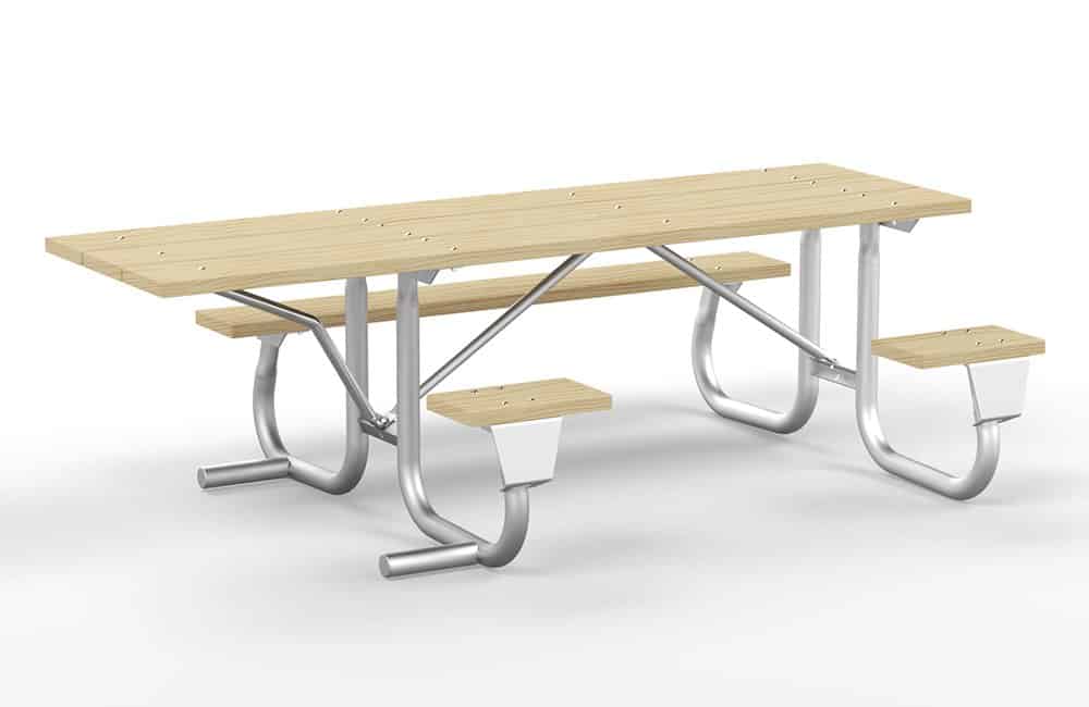Modern outdoor picnic table with metal frame and wooden benches.