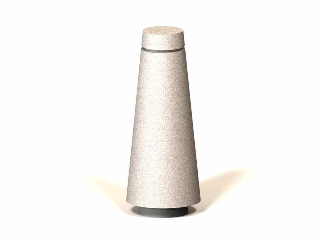 Silver cone-shaped object on a white background.