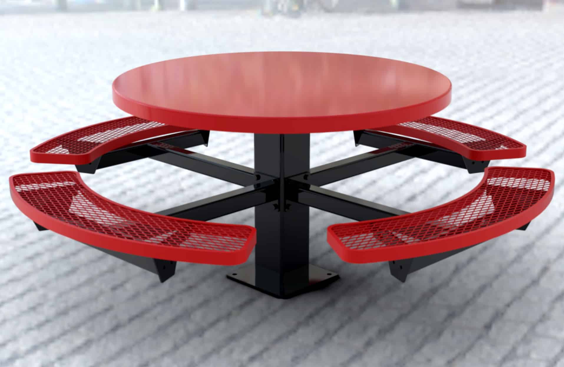 Red round picnic table with black legs and mesh seating.