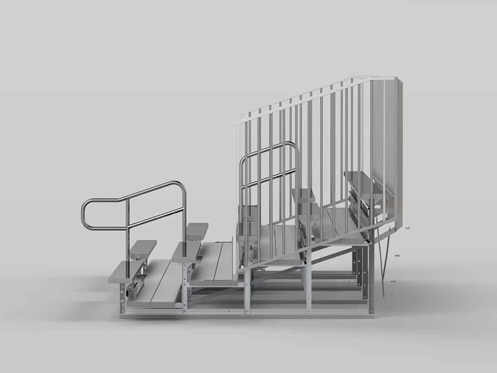 3D rendering of a metal wheelchair lift.