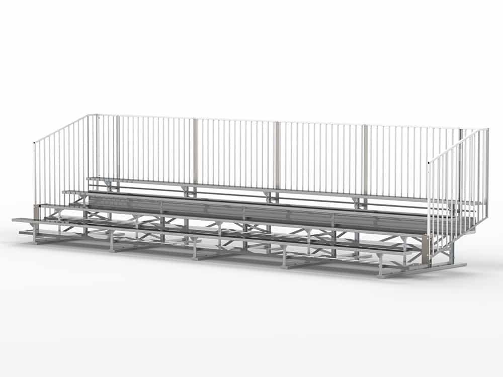 Stadium bleachers with metal railing and steps.
