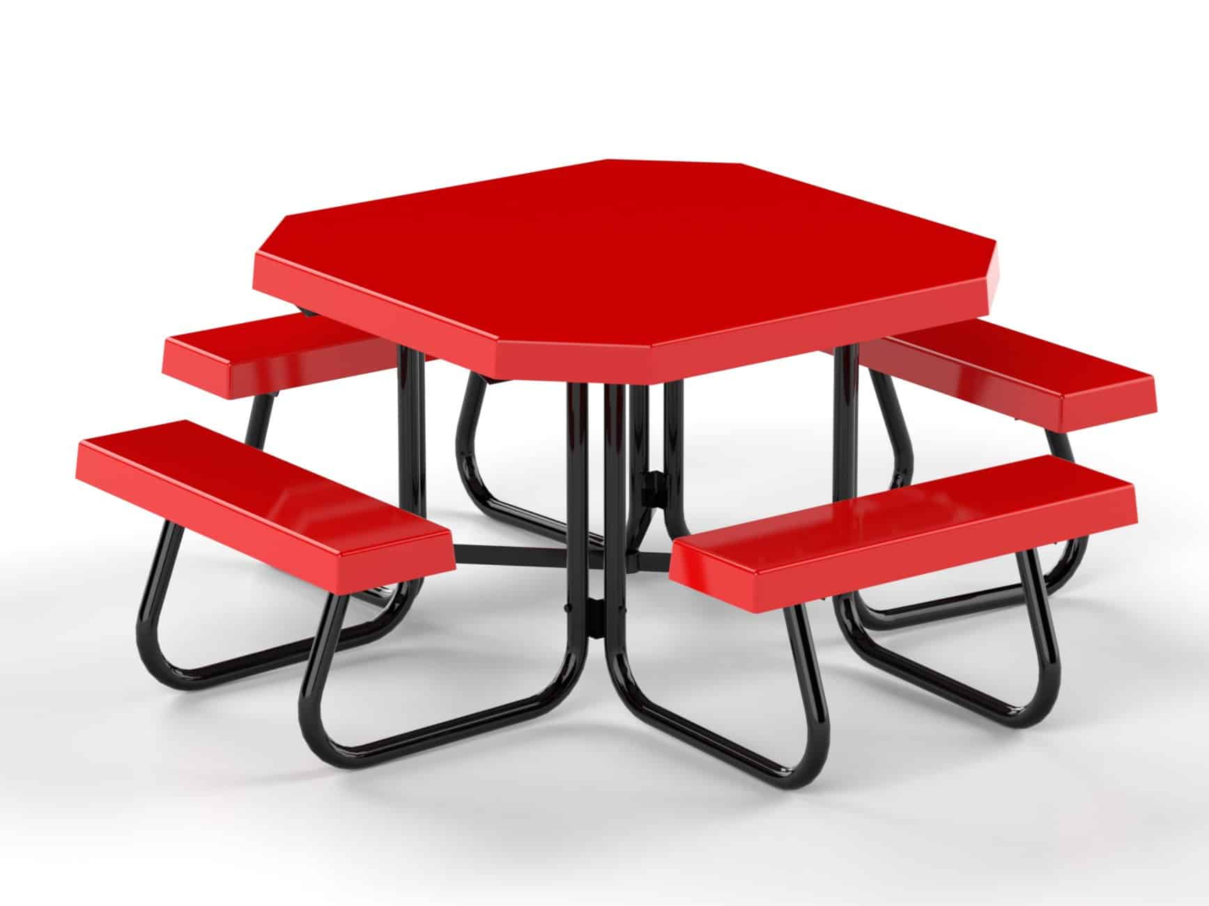 Red hexagonal picnic table with black legs and benches.