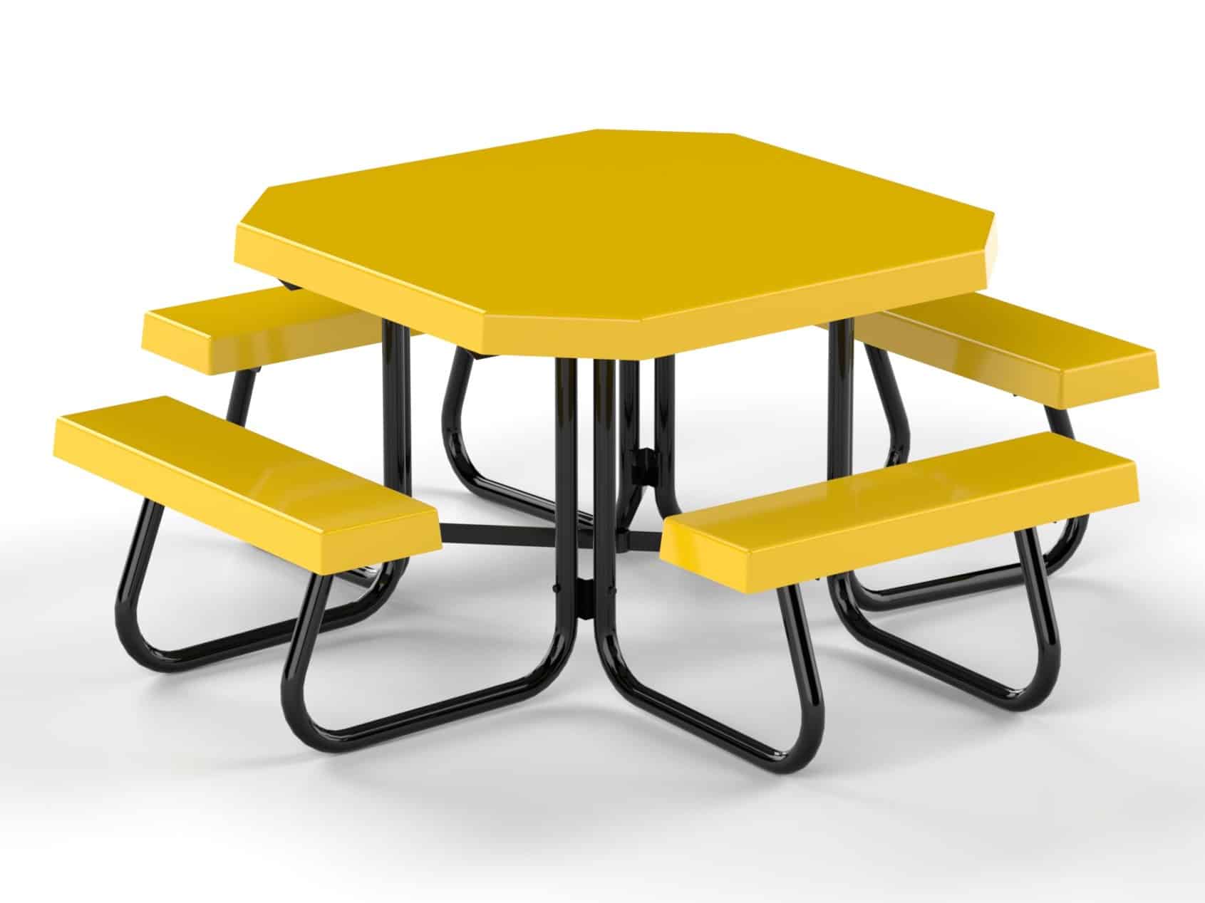 Yellow hexagonal picnic table with black metal frame.