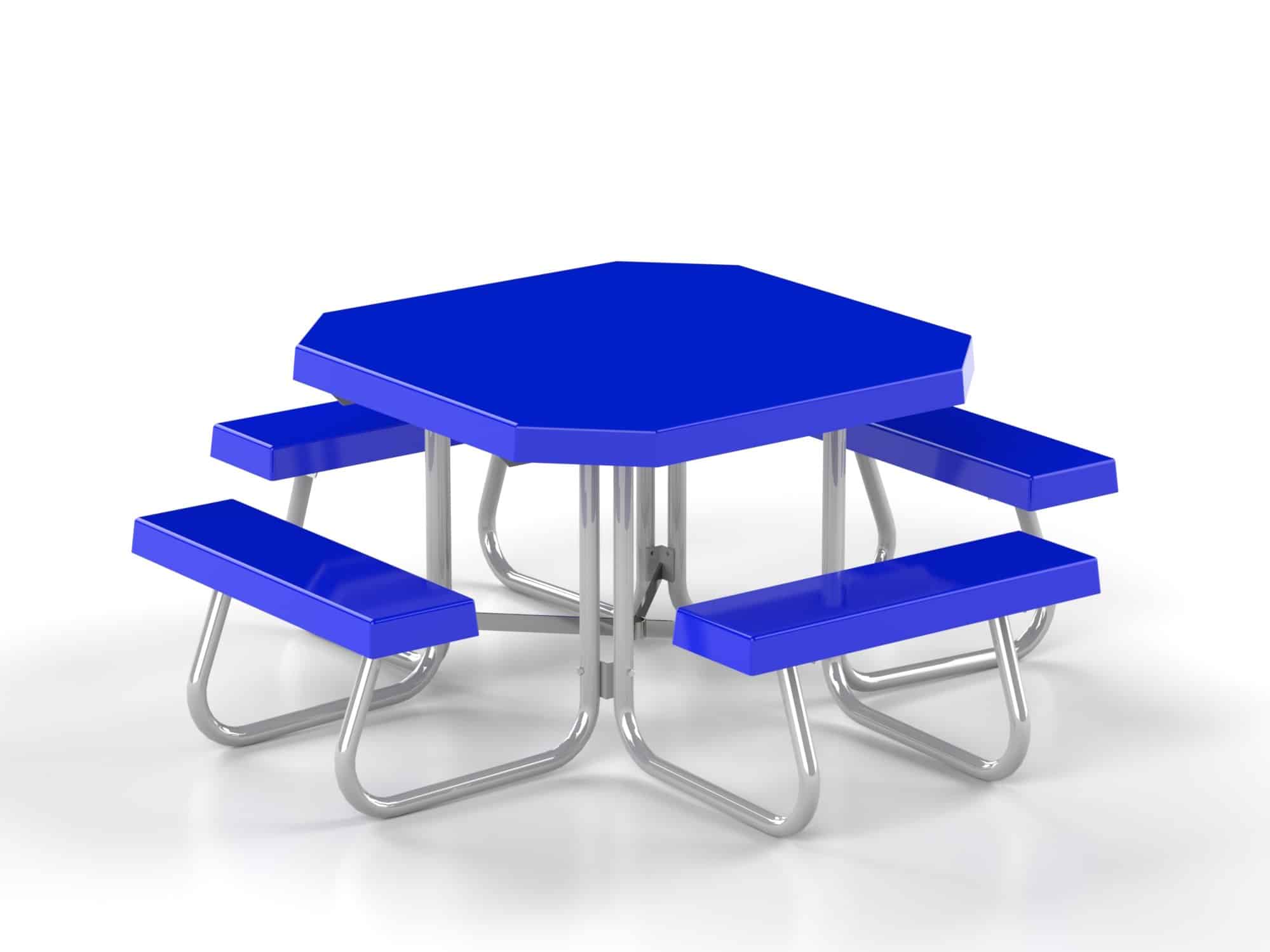 Blue hexagonal picnic table with attached benches.