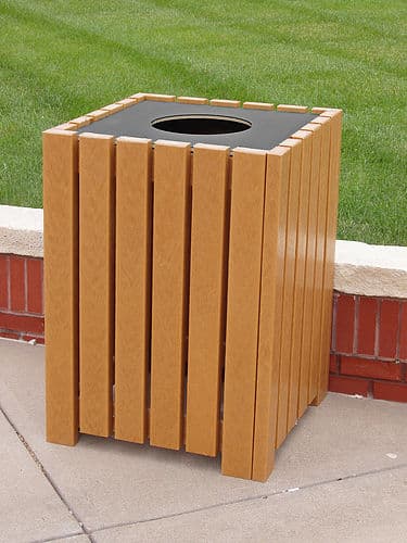 Wooden trash can on a sidewalk.