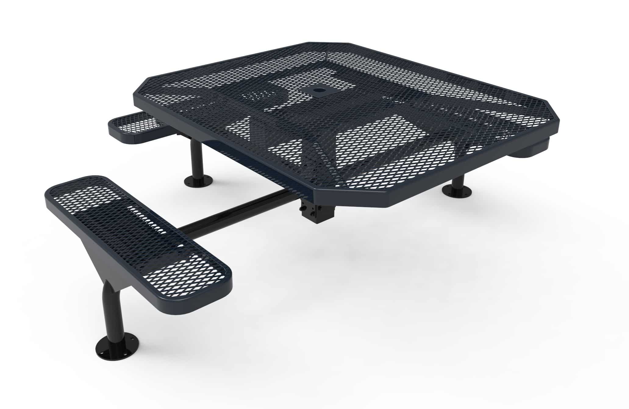Outdoor metal picnic table with perforated design and black finish.
