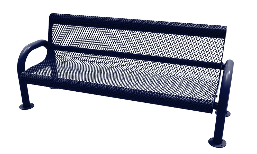 Navy blue metal bench with mesh back and armrests.