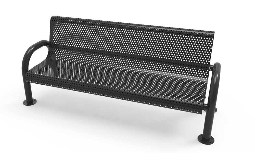 Black metal bench with perforated backrest and armrests.