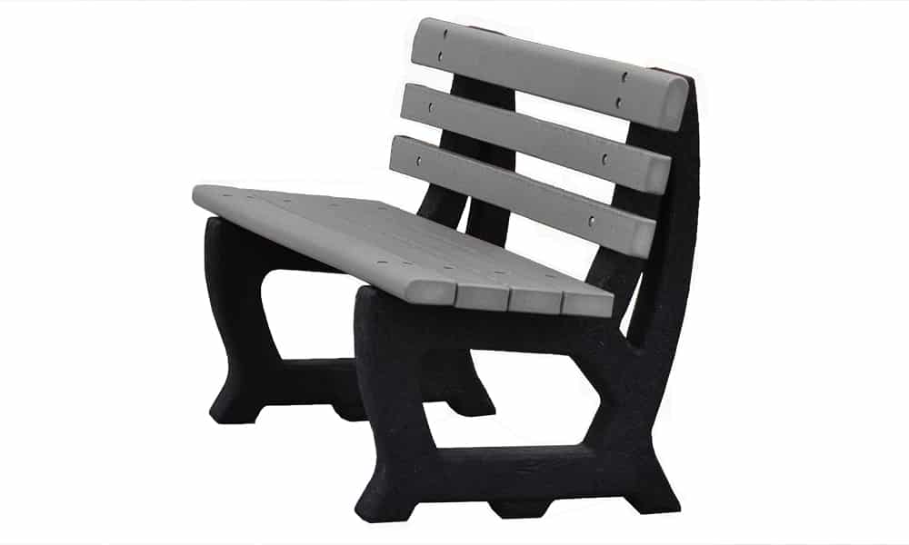 Bench with slatted backrest and curved armrests.