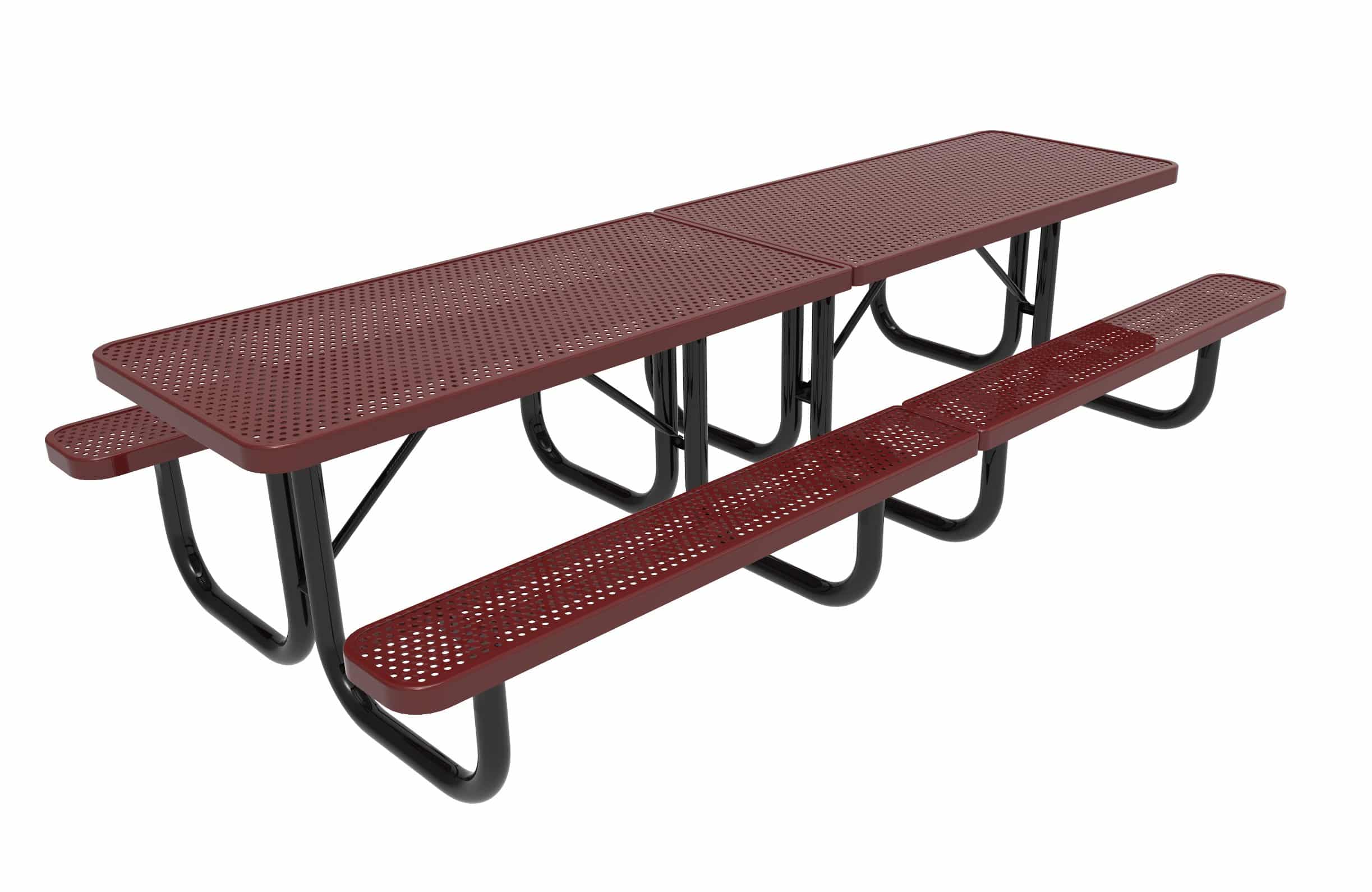 Red picnic table with perforated surface and black metal frame.