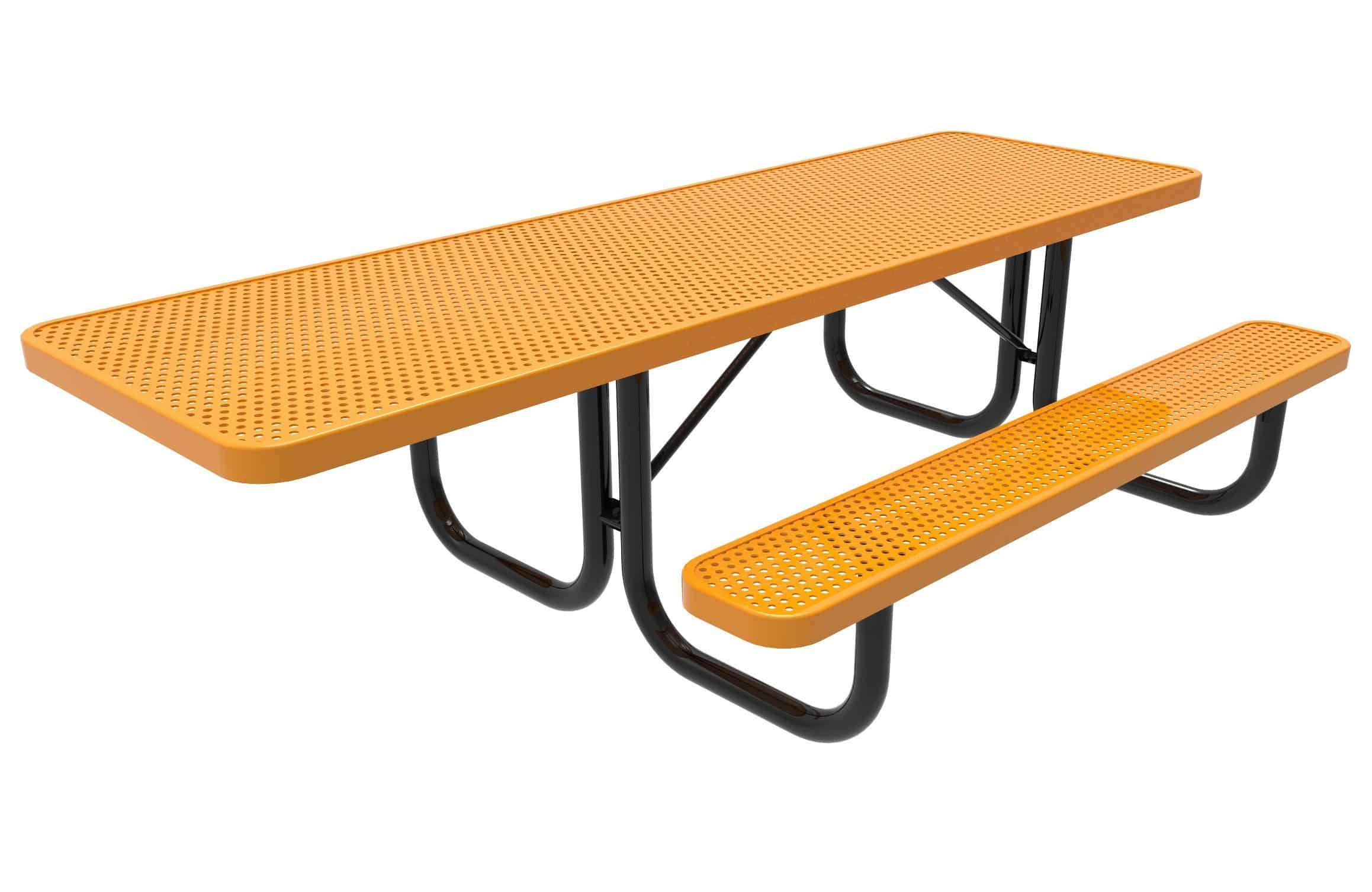 Orange picnic table with black metal legs and benches.