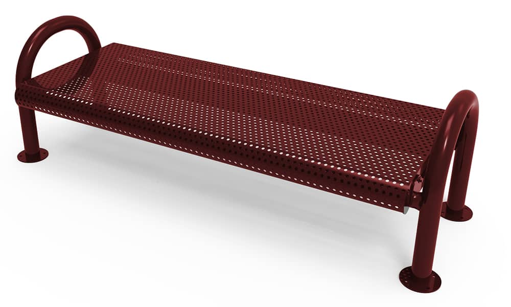 Red metal bench with armrests and holes in seat.