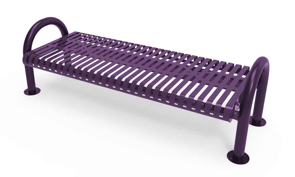 Purple metal bench with curved armrests and holes in seat.