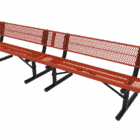 Red metal bench with mesh back and black legs.