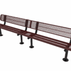 Outdoor bench with mesh backrest and metal legs.