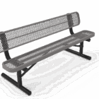 Metal bench with perforated backrest and black legs.