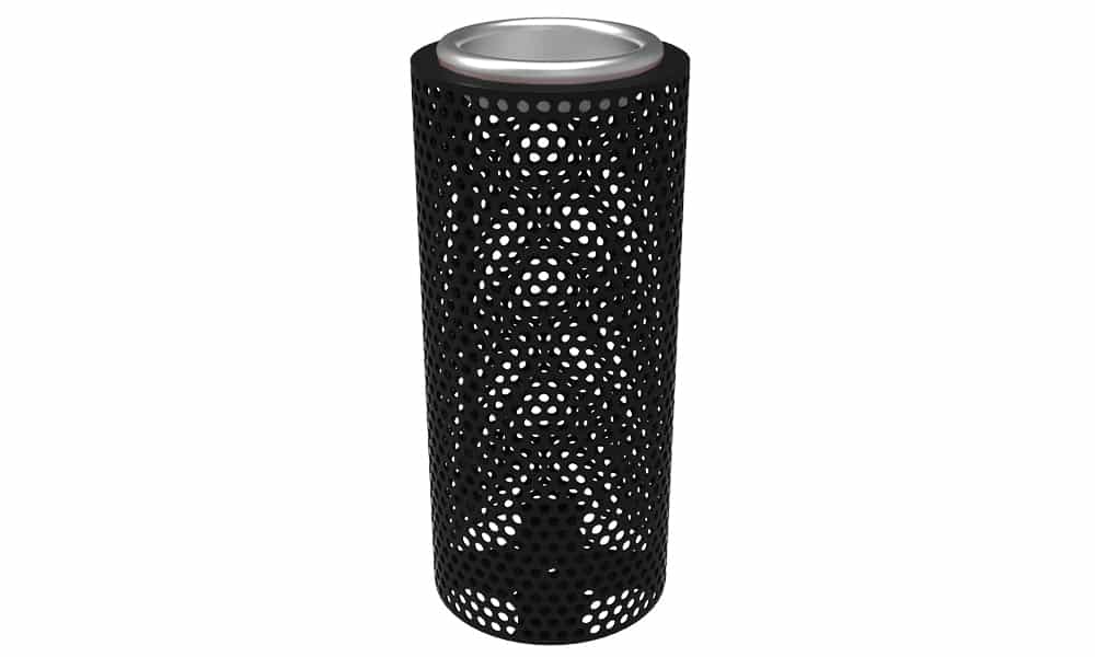 Black perforated metal trash can.