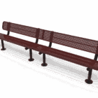 Outdoor bench with perforated backrest and metal legs.