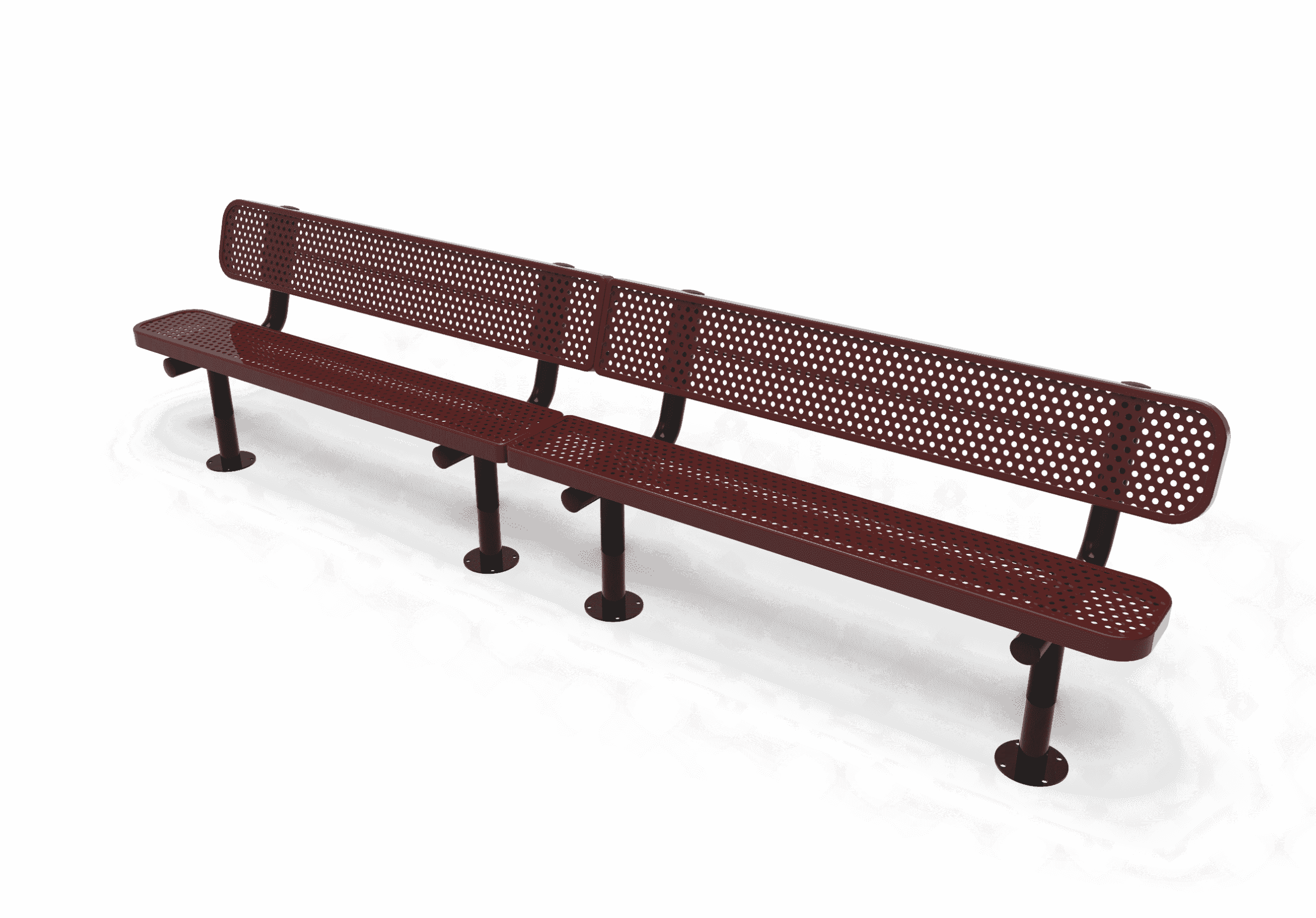 Outdoor bench with perforated backrest and metal legs.