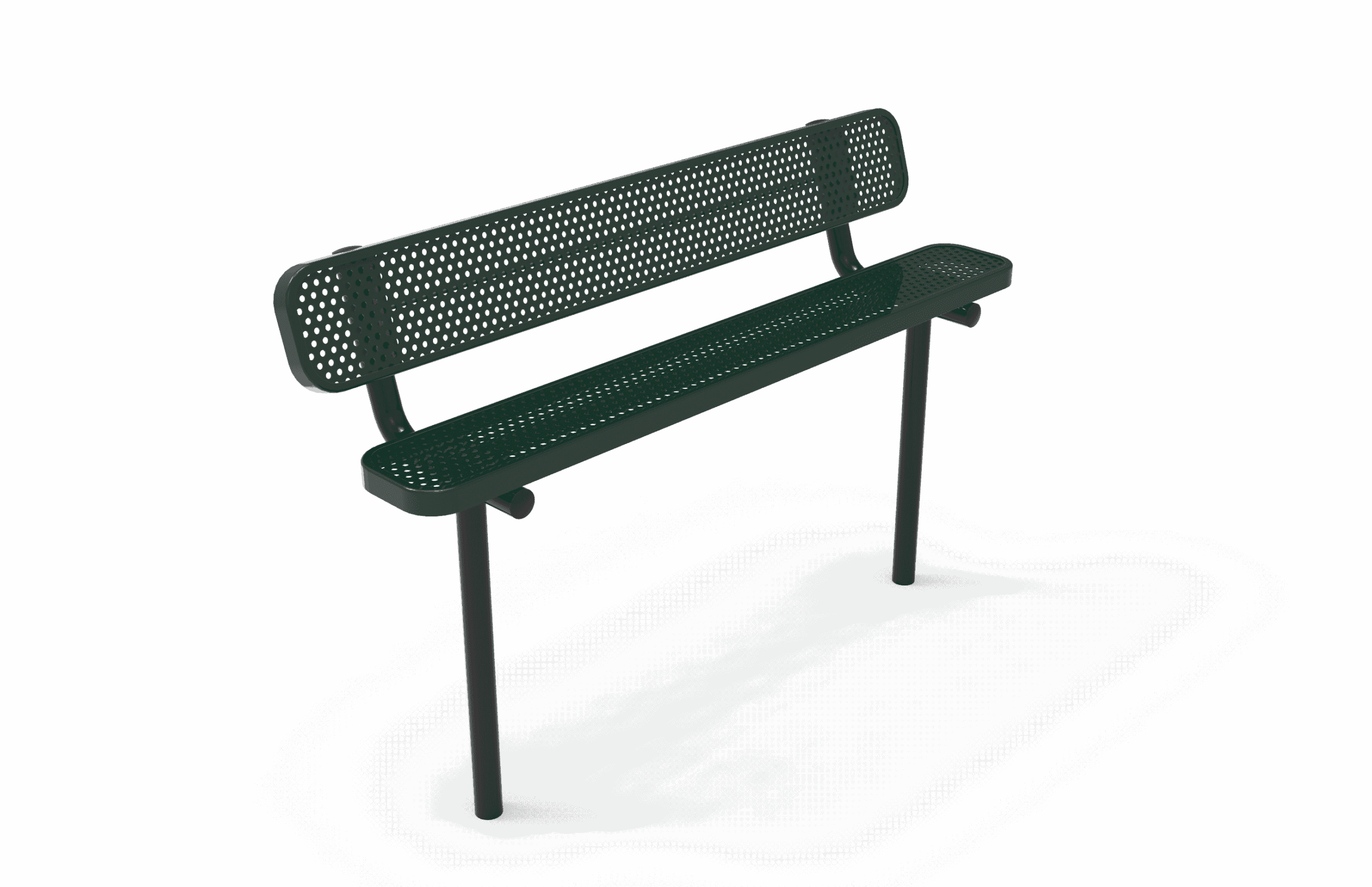 Green metal bench on a white background.