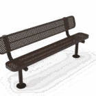Perforated metal bench with armrests.