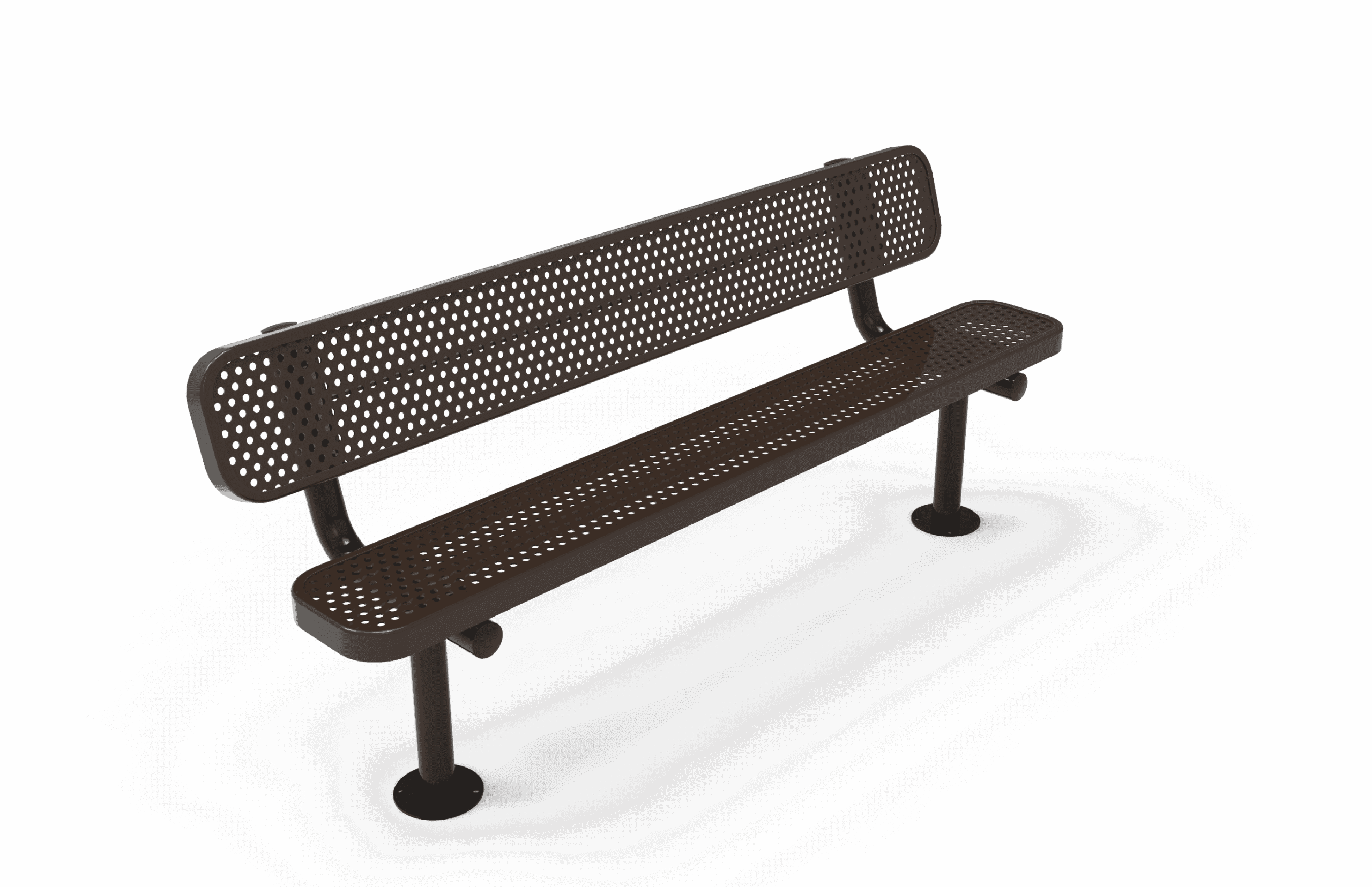 Perforated metal bench with armrests.