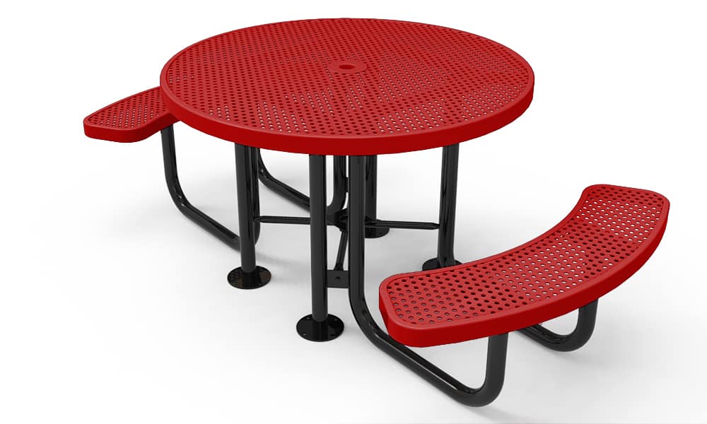 Red round picnic table with curved bench seating.