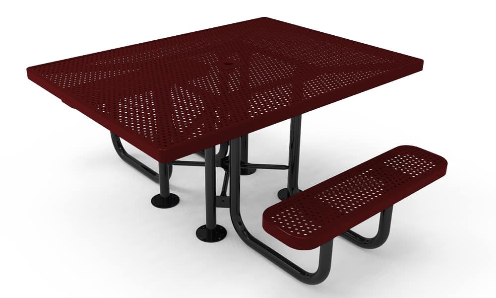 Square picnic table with perforated top and black legs.