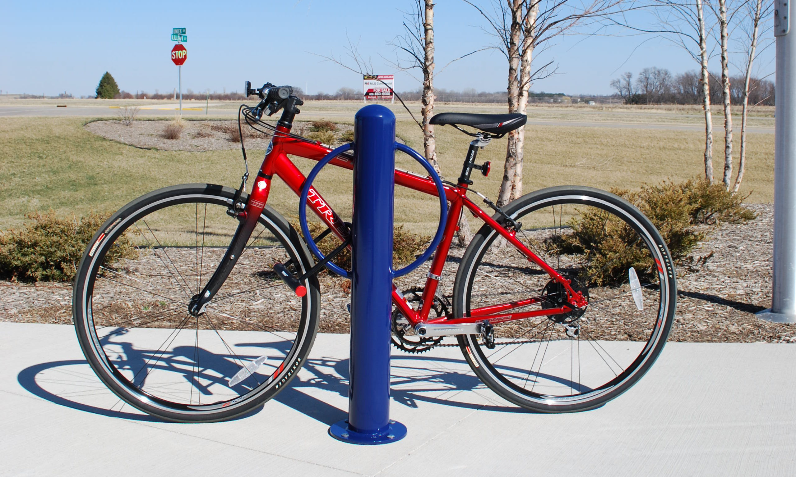 Red bicycle parked on a blue bike rack.
