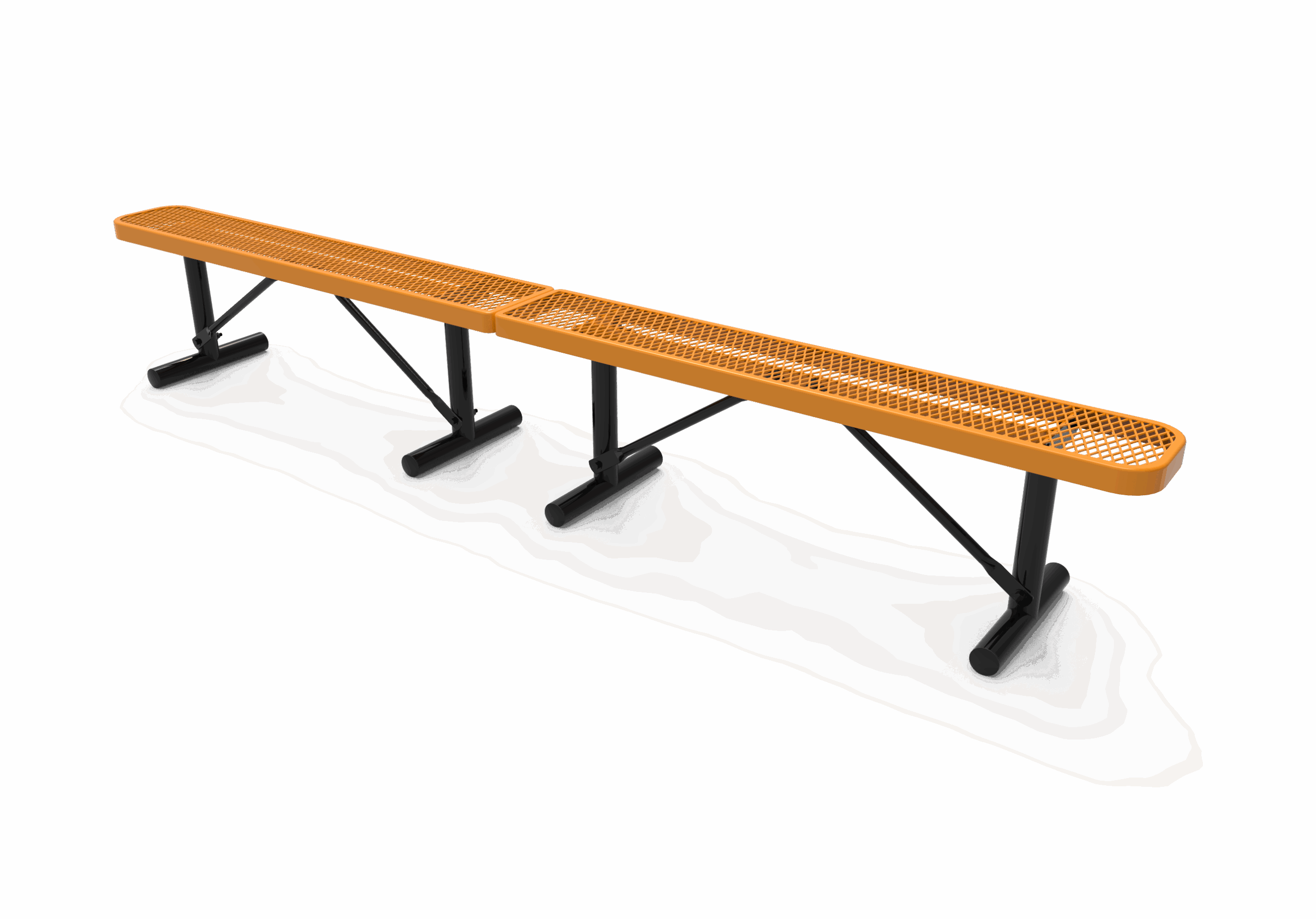 Orange metal bench on a white background.
