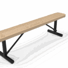 Beige perforated bench on black metal frame.
