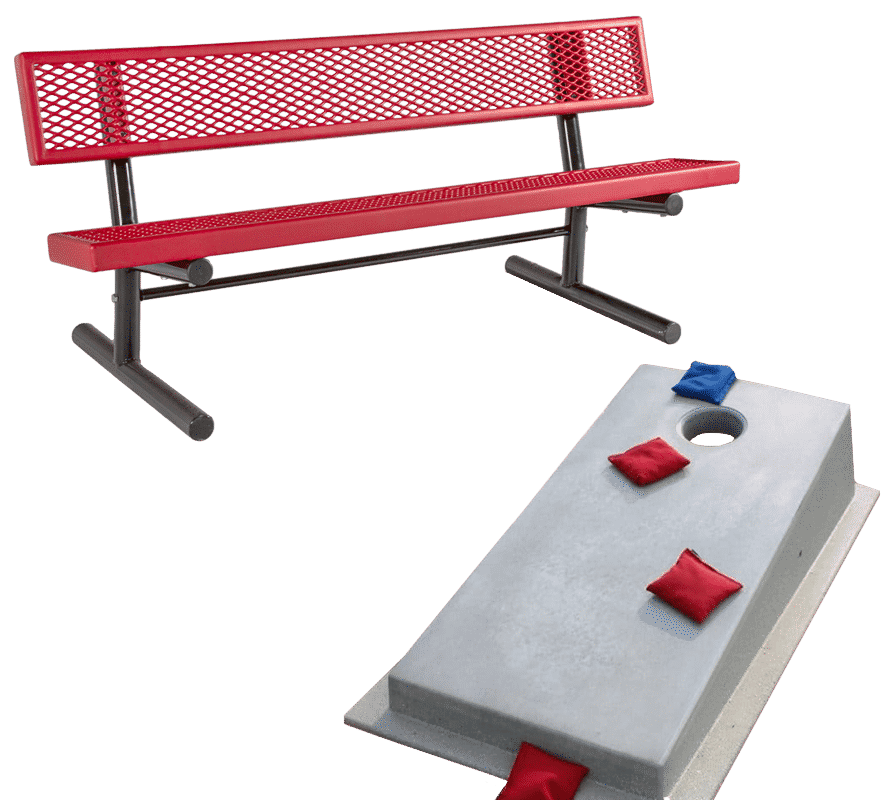 Red bench and bean bag toss game on green background.