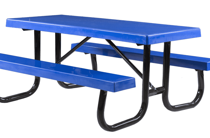 Blue picnic table with black metal legs and benches.