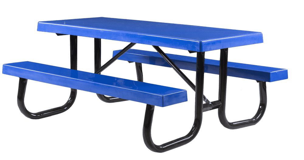 Blue picnic table with black metal legs and benches.