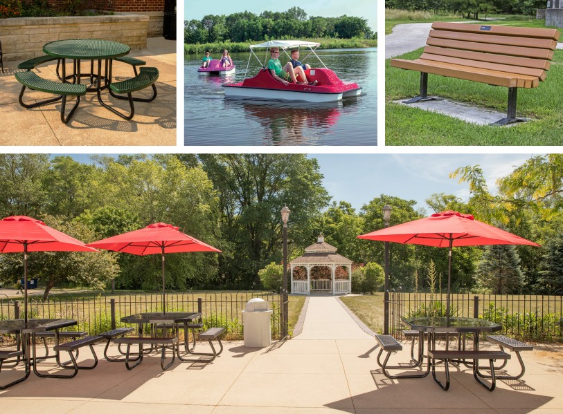 Park amenities: picnic tables, benches, paddle boats, gazebo, and umbrellas.