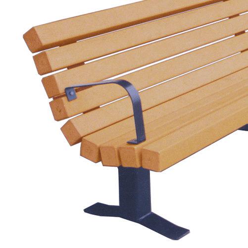 ARCB-contour-bench Wooden bench with metal armrest and blue base.
