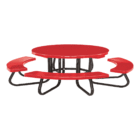 Red round picnic table with curved bench seats and black metal frame.