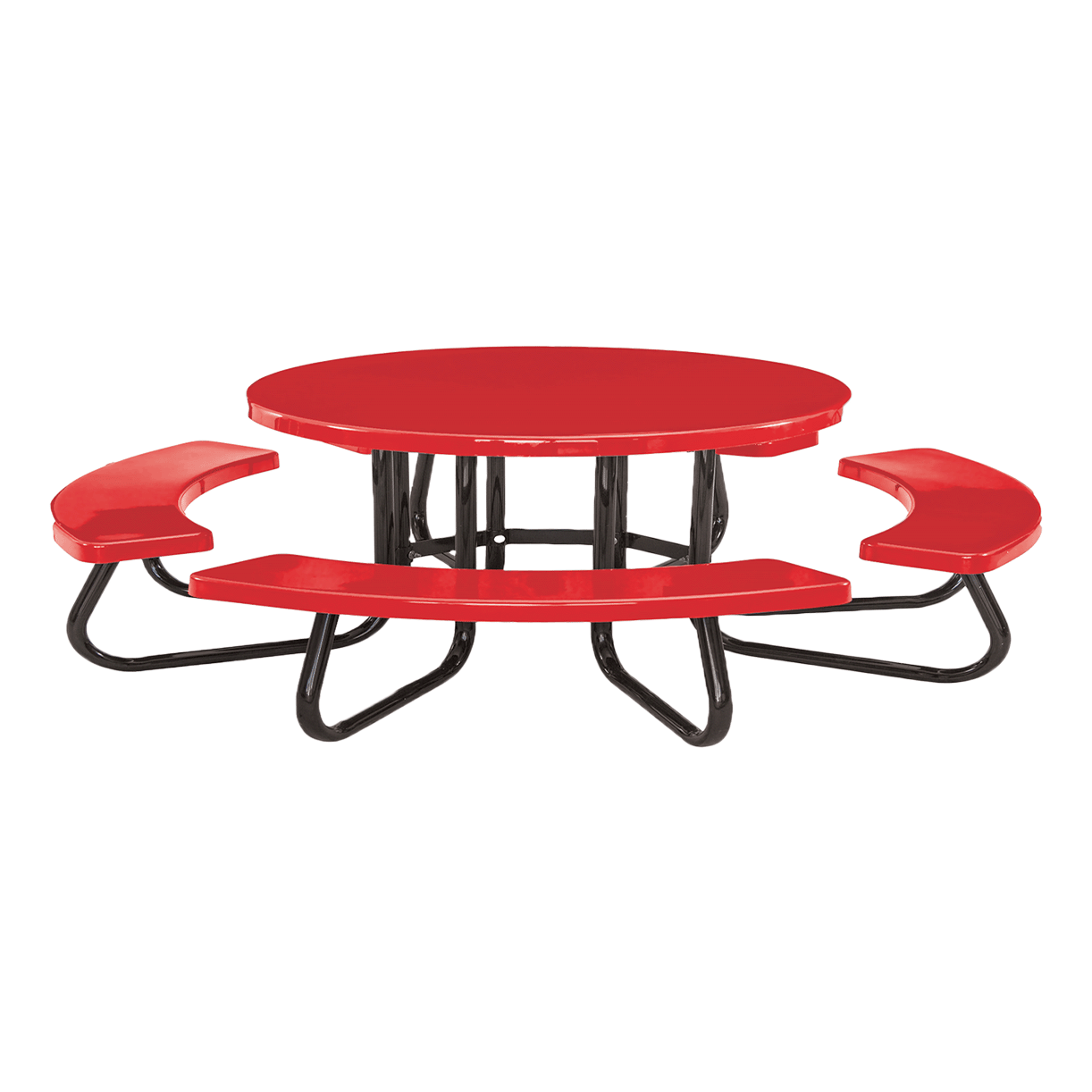 CSRTRCF Red round picnic table with curved bench seats and black metal frame.