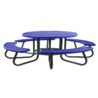 Round blue picnic table with black metal legs and curved bench seating.