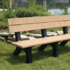 Wooden bench in a park setting.