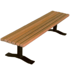 Wooden bench with black metal legs.