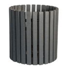 Gray circular planter with vertical slats.